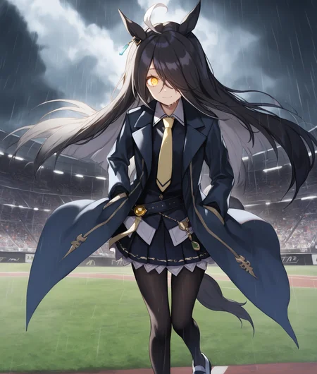 score_9, score_8_up, score_7_up, 2D, anime BREAK
perspective, 
(glowing golden eyes, crazy eyes, storm, heavy rain, dirty, wet, night, dark:1.2), storm, thunder, cool, (grassland, racing), gym, 
shobufuku, 1girl, solo, long hair, looking at viewer, bangs, shirt, black hair, gloves, animal ears, jewelry, yellow eyes, ahoge, pantyhose, pleated skirt, necktie, shoes, black gloves, black skirt, hair over one eye, coat, black pantyhose, horse ears, horse girl, black coat, yellow necktie, tall, long legs, hand in pocket, full body, 
<lora:Manhattan Cafe-ponyXL_locon:1>,