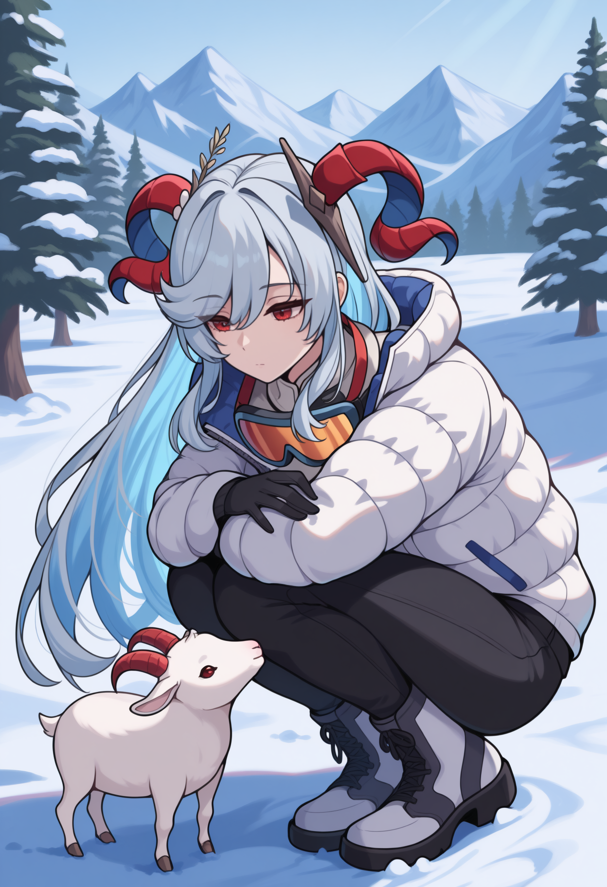 masterpiece, best quality, newest, full body, solo, 1girl, fr3yjadef, expressionless, looking at animal, goat, squatting, hugging own legs, long hair, two-tone hair, grey hair, blue hair, hair ornament, red horns, goat horns, curled horns, red eyes, white jacket, down jacket, puffy long sleeves, black gloves, black pants, boots, ski goggles, goggles around neck, outdoors, day, nature, snow, tree, mountainous horizon
<segment:yolo-Anzhc Face seg 640 v2 y8n.pt,0.4,0.5//cid=1>