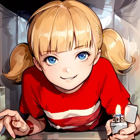 score_8, score_8_up, score_7_up, source_anime, anime screenshot, 1girl, female focus, solo, penny_ig, blonde hair, twintails, blue eyes, red shirt, stripe, CEVCDH, crawling, on stomach, lying, cramped, holding lighter, lighter, fire, ventilation shaft, straight-on, rating_safe, looking at viewer, smile, smug, confident, flat chest,