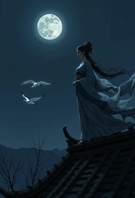 zhongfenghuaStyle, A beautiful traditional Chinese woman stands gracefully on the edge of a roof, her elegant silhouette outlined against the dark night sky. She gazes up at the full, round moon that illuminates the heavens with a soft, ethereal glow. Her delicate robes, embroidered with intricate patterns, flow gently in the night breeze, catching the faint light of the moon. In the distance, a flock of white cranes gracefully soars through the sky, their wings spread wide as they glide toward her, adding a sense of mysticism to the scene. The quiet, peaceful moment is filled with a sense of longing and timeless beauty, as the serene woman contemplates the vastness of the moonlit sky  <lora:zhongfenghuaStyle:1> <lora:Ethereal_EasternV2:0.4>