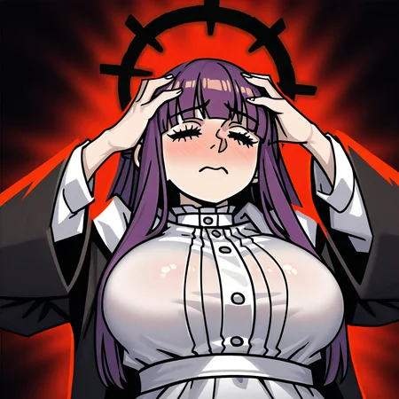 masterpiece, best quality, very aesthetic, absurdres BREAK
1girl, solo, Fern (Sousou No Frieren), purple eyes, large breasts,
affliction, black halo, hands on own head, closed eyes, pain,
upper body, solo, red background, black background <lora:AfflictionIllustriousXL_byKonan:1>