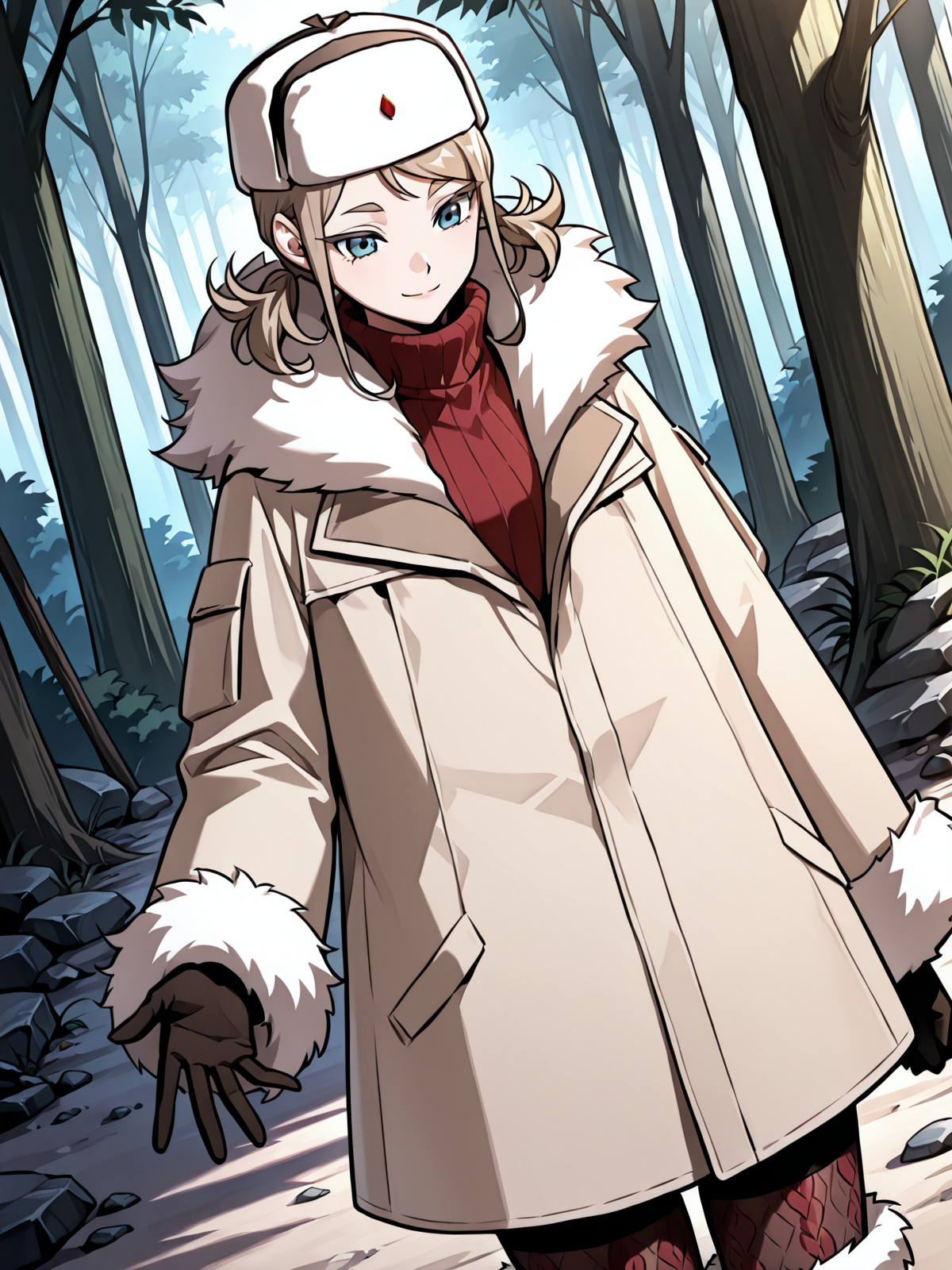 <lora:Omniscient_Readers_Viewpoint__Iris_Vladimirovna_Rebezova:1>
1girl, solo, light brown hair, short twintails, side hair strands, blue eyes, ushanka, 
beige winter coat, fur-trimmed coat, red turtleneck sweater, patterned tights, fur boots, thick gloves, white fur, winter hat, white hat with red gem, long sleeves, layered clothing, 
score_9, score_8_up, score_7_up, very aesthetic, source_anime, detailed, high quality, beautiful, masterpiece, detailed eyes, forest, tree, ruins, cowboy shot, dynamic angle, upper body, light smile, dynamic pose