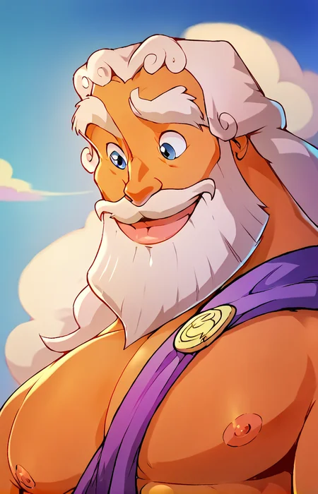 hotcha, score_9, score_8_up, score_7_up, portrait, male, thick eyebrows, long hair, white hair, mustache, beard, blue eyes, orange skin, happy, purple toga, pecs, muscular, nipples, <lora:Hotcha:0.7> <lora:Zeus_Hercules_1997_r1:0.8> <lora:add_detail:1>