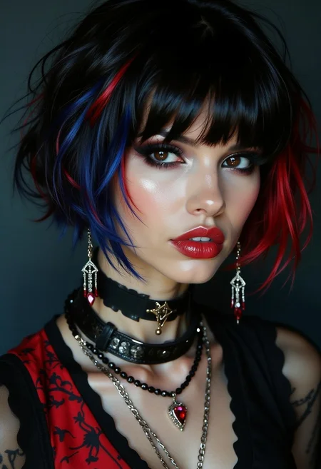 closeup portrait of a goth woman, messy straight-cut cleopatra bob, bangs, multi-tone hair (black with red and blue highlights), long earrings, necklaces, heavy make-up, red lips, dark eyeshadow, dark background