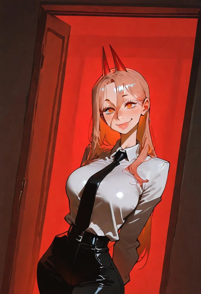 1girl, solo, power \chainsaw man\, long hair, ringed eyes, horns, white collared shirt, black necktie, black pants,
looking at viewer, smiling, closed mouth,
hiding, in macabre Cursed, moonlit hilltop,artist:Matsuba10,matumot,kim hyung tae,
dynamic angle, dynamic motion, creepy, horror,fenner, trippy,,absolutely eye-catching,,extremely detailed,, good composition, masterpiece, best quality, very aesthetic, very awa, absurdres, newest,
masterpiece, best quality, amazing quality, very aesthetic, absurdres, newest, , photorealistic, <lora:incase_new_style_red_ill>, ExpressiveH, red lights, red mood, shiny skin, black bra under clothes, beautiful lips, sexy lips, shiny lips,