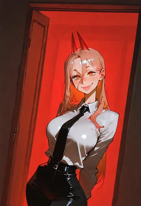 1girl, solo, power \chainsaw man\, long hair, ringed eyes, horns, white collared shirt, black necktie, black pants,
looking at viewer, smiling, closed mouth,
hiding, in macabre Cursed, moonlit hilltop,artist:Matsuba10,matumot,kim hyung tae,
dynamic angle, dynamic motion, creepy, horror,fenner, trippy,,absolutely eye-catching,,extremely detailed,, good composition, masterpiece, best quality, very aesthetic, very awa, absurdres, newest,
masterpiece, best quality, amazing quality, very aesthetic, absurdres, newest, , photorealistic,  <lora:incase_new_style_red_ill>, ExpressiveH,  red lights, red mood, shiny skin, black bra under clothes, beautiful lips, sexy lips, shiny lips,