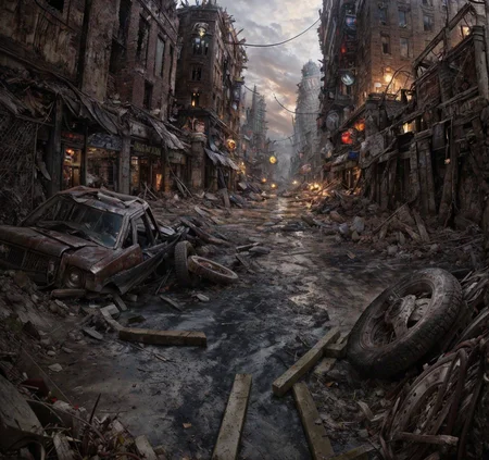 RAW photo, (masterpiece:1.3), subsurface scattering, heavy shadow, (high quality:1.4), (intricate, high detail:1.2), professional photography, HDR, High Dynamic Range, realistic, ultra realistic, photorealistic, high resolution, film photography, ambient lighting, atmospheric effects, <lora:detail_slider_v4:2>, OverallDetail, a winding road through the ruins of a Wasteland city, <lora:Wasteland-10:1>, style-rustmagic, epiCPhoto,