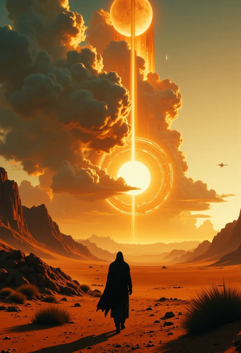artilands02, A cinematic wide shot captures a solitary cloaked figure walking through a vast desert landscape at sunset. Impossibly tall beehive structures stretch from the desert into the cosmos, their hexagonal patterns becoming translucent as they pierce the atmosphere. The structures' bases glow with golden sunset light, while their upper portions shimmer with stellar illumination and cosmic radiation. Clouds spiral around their mid-sections where they penetrate the atmosphere, creating a dramatic visual transition. The desert foreground features wind-swept dunes and scattered brush, emphasizing the epic scale.