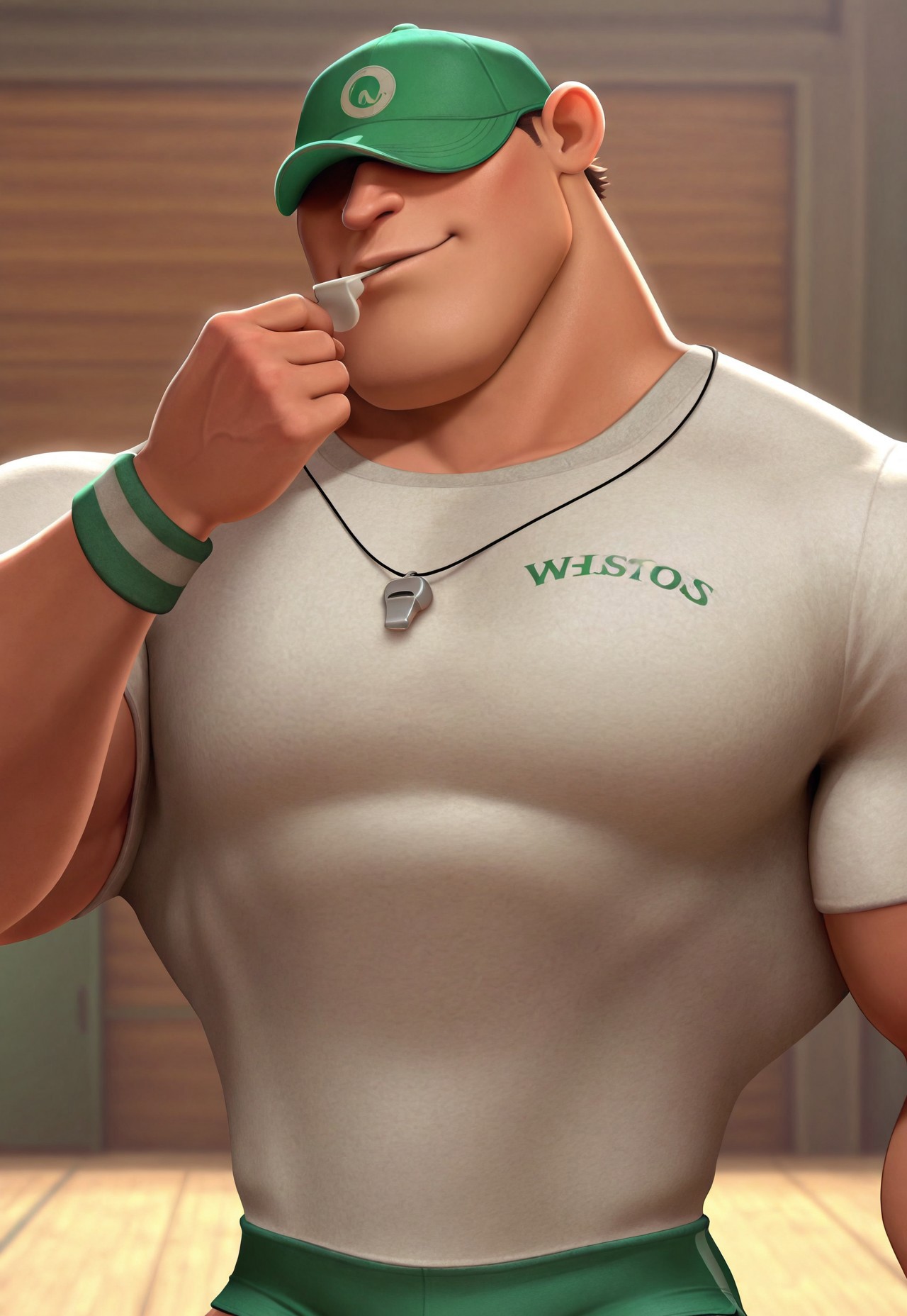 masterpiece, best quality, amazing quality, detailed background, intricate details, dynamic, cinematic, animated, anime realistic shading, solo, male focus, 1boy, handsome, c0ach, brown hair, green baseball cap, baseball cap over eyes, muscular male, upper body, white shirt, whistle necklace, wristband, green shorts, small shorts, white and green socks, dark green boots, flirting with viewer, whistling,  abstract background