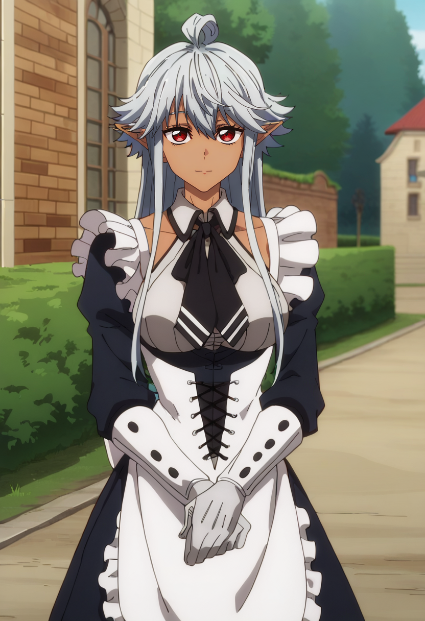 score_7_up, anime screencap,
<lora:ShinmaiOssanBoukensha_ReanetteElfeltXL:0.8>, ReanetteElfelt,
1girl, solo, light smile,
dark skin, grey hair, red eyes, long hair, pointy ears, ahoge,
maid, maid headdress, black dress, frills, clothing cutout, black neckerchief, corset, apron, white gloves,
standing, looking at viewer,
outdoors, street, medieval