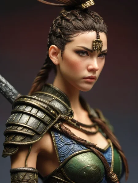 resin material style, close up of female warrior, high ponytail, determined expression, intricate armor, half body, <lora:è¶ä½¬V1:0.7>