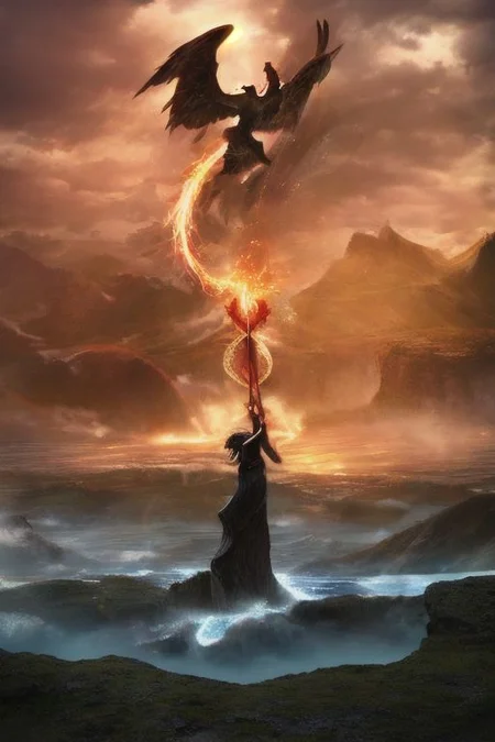masterpiece, highly detailed, cinematic, medium shot, three-quarter perspective, depth of field, highly detailed face and body, intricate detail, cinematic shot, award-winning photography, 8K, UHD, HDR. JuggernautNegative,beautiful face and perfect eyes, Close-up face, happy, mysterious 
An image depicting the four earthly elements - fire, water, earth and air - intertwined in a harmonious whole, depicted with symbolic figures:
Fire: A fiery phoenix stretched in the sky, with brightly burning feathers, symbolizing rebirth, transformation and spiritual power.
Water: The mighty Neptune rising from the waves of the sea, holding a trident, symbolizing fertility, emotions and the depth of the subconscious.
Earth: A gigantic stone giant, firmly planted on the ground, with a wise face and penetrating eyes, symbolizing stability, strength and connection with nature.
Air: An ethereal angel soaring among the clouds, wings outstretched, symbolizing freedom, inspiration, and a spiritual connection with the higher.
composition:
The four figures are arranged in a dynamic composition,
Colors and light should be used to emphasize contrast and dynamics between elements.
Additional details:
You can add landscape elements such as mountains, forests, rivers or clouds to enrich the image.
 to use symbols to represent more abstract ideas such as balance, the cycle of life or unity.
style fantastic, realistic.