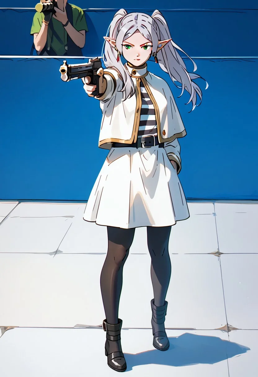 Score_9, Score_8_up, Score_7_up, Score_6_up, Score_5_up, Score_4_up, best quality, masterpiece, ultra-detailed, high quality,good quality,1 girl,(master piece,high resolution, ultra detailed,8K,16K).
FrierenSSnF,grey hair, long hair, green eyes, twintails, parted bangs, earrings, pointy ears, small breasts, FrierenCasual, striped shirt, white capelet, black belt, white skirt, long sleeves, black pantyhose,
holding weapon, holding gun, handgun, hand in pocket, aiming, full body