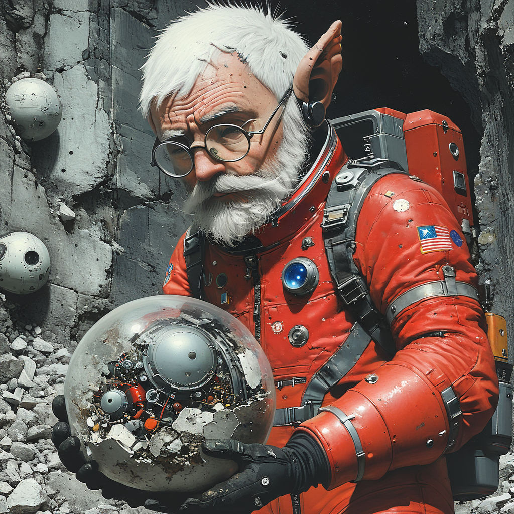 <lora:Hyperdetailed_IllustrationSDXL:1> ArsMJStyle, HyperDetailed Illustration, The image is a digital illustration of an old man with a white beard and glasses wearing a red space suit with various mechanical components on his chest and arms. He is holding a large spherical object in his hands and appears to be looking at it intently. The man has a serious expression on his face and is standing in front of a rocky wall with peeling paint and debris scattered around him. The background is dark and out of focus making the man and the object the focal point of the image. The overall mood of the illustration is eerie and mysterious., 1boy, pointy ears, male focus, white hair, glasses, beard, facial hair, solo, gloves, old