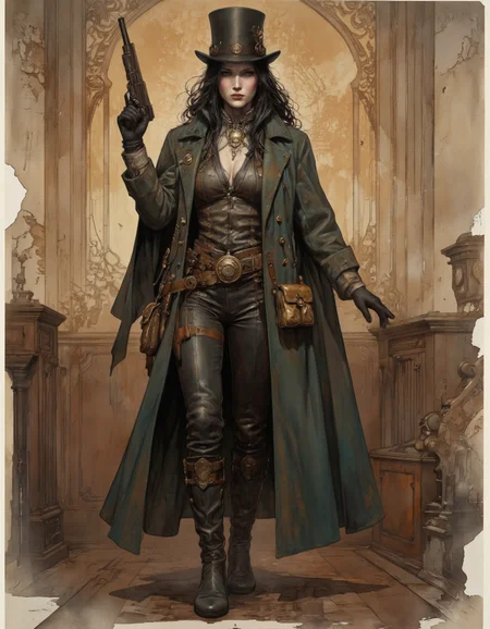 Anime CRABDM style.
A digital illustration shoot from a full body camera angle about a steampunk female character standing confidently, holding a gun, in an indoor setting with a rustic, textured background. on the middle of the image, a 1woman who appears to be in her mid-twenties, with long black hair and a serious expression, is standing with her full body facing the viewer. she is wearing a dark green steampunk-style coat with gold accents, a black top hat, and black leather pants. her outfit includes a long coat, black gloves, black boots, and a brown belt with gold pouches. her body is slim, and she is holding a large, ornate gun in her right hand. her hair is styled in long hair, and her eyes are looking directly at the viewer with a neutral expression. the background is a warm, earthy color with a distressed texture, giving the image a vintage feel. the image also features a signature in the bottom right corner.
