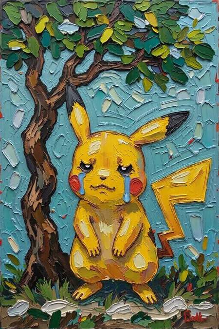 impasto oil painting. Pikachu crying, large tear drops on his face, under a green tree <lora:Flux-Sch-SingleBlocks-BF16:1.0> <lora:impasto6_cap_d6a3e11:1.0><lora:804334679177071314:0>