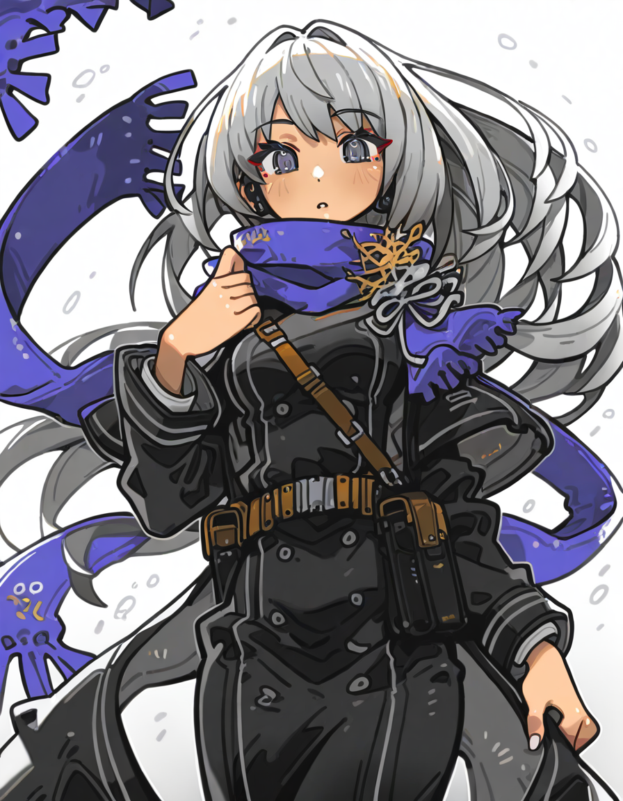 <lora:ruangang-000018:1>,ruangang,breasts,looking at viewer,1girl,solo,simple background,white background,<lora:bkornblume:0.8>,bkornblume,grey hair,scarf,cowboy shot,, masterpiece, best quality, very aesthetic, absurdres,newest, incredibly absurdres,