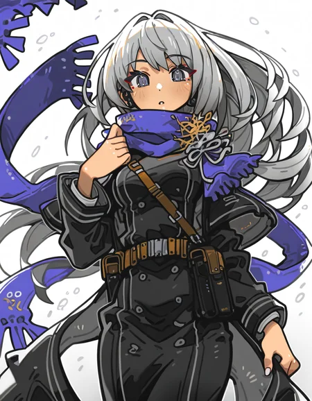 <lora:ruangang-000018:1>,ruangang,breasts,looking at viewer,1girl,solo,simple background,white background,<lora:bkornblume:0.8>,bkornblume,grey hair,scarf,cowboy shot,, masterpiece, best quality, very aesthetic, absurdres,newest, incredibly absurdres,