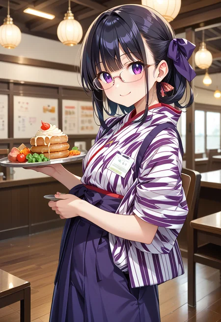 score_9, score_8_up, score_7_up, rating_safe, masterpiece, best quality, absurdres, unity 8k wallpaper, official art, official style, source_anime, uncensored, game cg, megami magazine,
1girl, glasses, solo, BMC, yagasuri, japanese clothes, smile, waitress, hakama skirt, real life insert, skirt, black hair, yagasuri, hair ribbon, purple ribbon, holding tray, food,
<lora:basyamichi_PONY_V1:1>