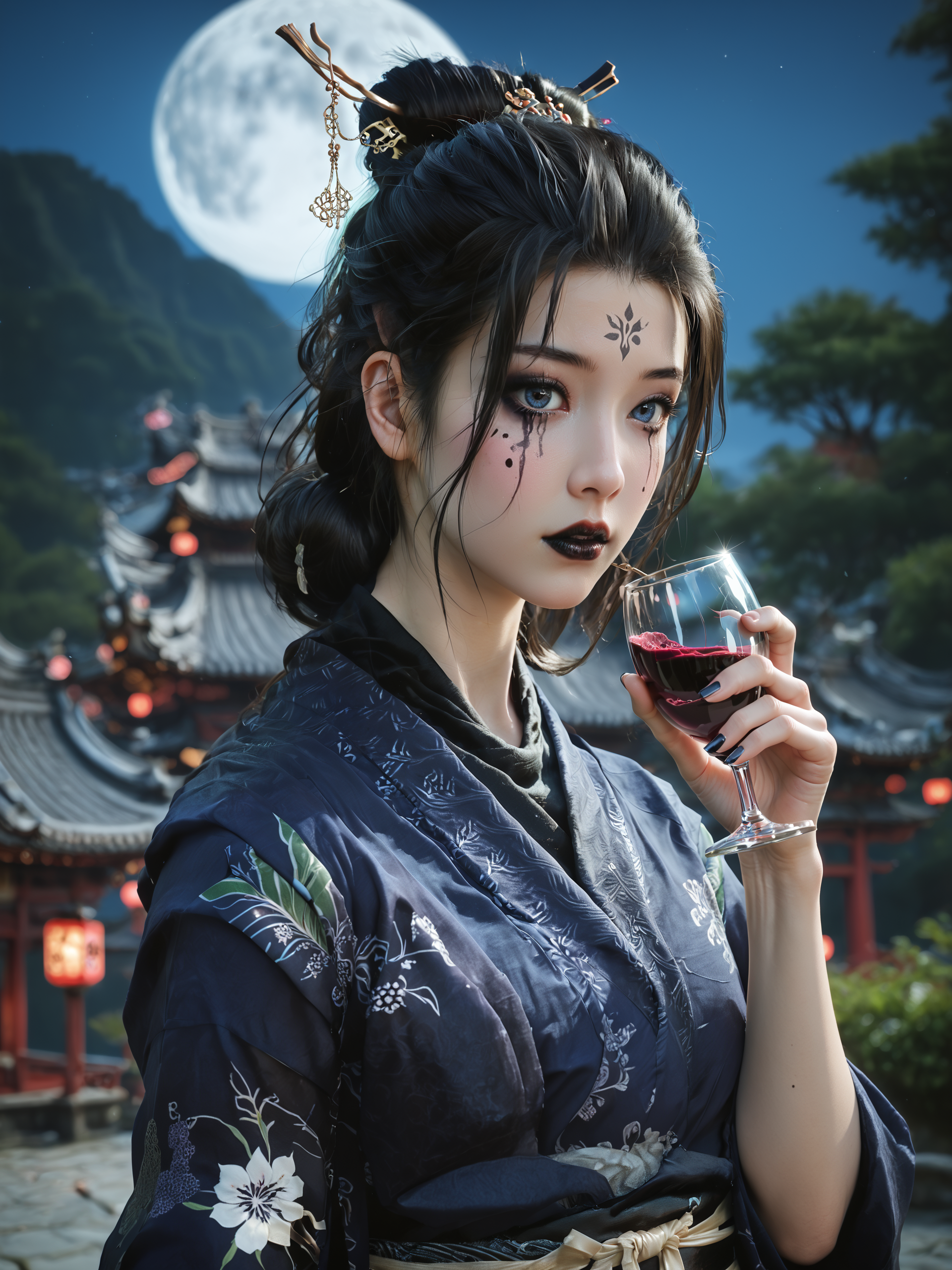 score_9, score_8_up, score_7_up, 8k, best quality, masterpiece, (ultra-detailed), solo, full body:1.1), looking at viewer, 
<lora:zzsimei2-pony-Tanger:0.7>, zzsimei, Fourth daughter, Navy blue Hanfu, long sleeves, black lips, runny makeup, facial mark, by heishenhua, game cg, solo, black hair, hair stick, 1girl, sash, Heavy black makeup, realistic, kimono, 
<lora:Turquoise Style LoRA_Pony XL v6:0.25>, traditional media, realistic, 
portrait painting, close-up, back, upper body, side  face, night, 
A close-up of a traditional Chinese beauty in ancient attire, holding a cup of wine near her lips, gazing thoughtfully at the moonlit sky. Her elegant robes and intricate hair ornaments are illuminated by the soft glow of the full moon. The background is a blurred view of a serene, misty landscape, highlighting the details of her expression and attire. Created Using: portrait realism, delicate brush strokes, soft lighting, intricate details, hd quality, cinematic focus, shallow depth of field, <lora:xl_more_art-full-beta2:0.5>,