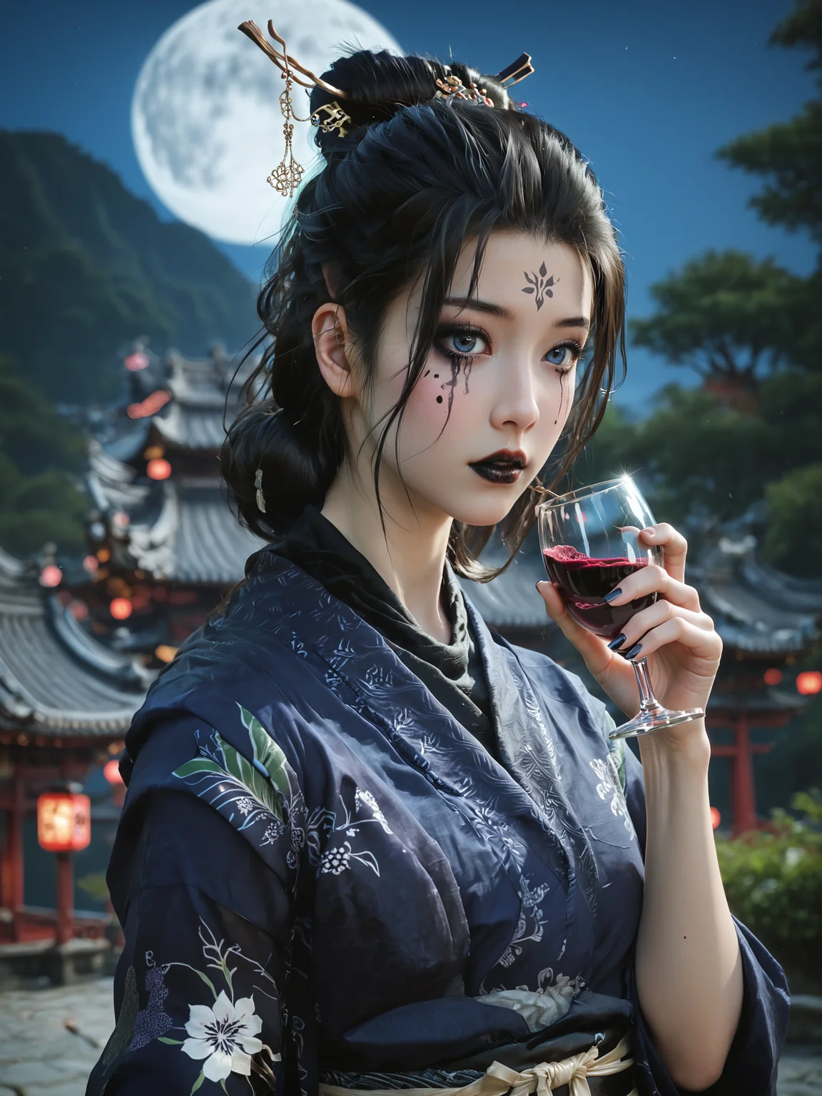 score_9, score_8_up, score_7_up, 8k, best quality, masterpiece, (ultra-detailed), solo, full body:1.1), looking at viewer, 
<lora:zzsimei2-pony-Tanger:0.7>, zzsimei, Fourth daughter, Navy blue Hanfu, long sleeves, black lips, runny makeup, facial mark, by heishenhua, game cg, solo, black hair, hair stick, 1girl, sash, Heavy black makeup, realistic, kimono, 
<lora:Turquoise Style LoRA_Pony XL v6:0.25>, traditional media, realistic, 
portrait painting, close-up, back, upper body, side  face, night, 
A close-up of a traditional Chinese beauty in ancient attire, holding a cup of wine near her lips, gazing thoughtfully at the moonlit sky. Her elegant robes and intricate hair ornaments are illuminated by the soft glow of the full moon. The background is a blurred view of a serene, misty landscape, highlighting the details of her expression and attire. Created Using: portrait realism, delicate brush strokes, soft lighting, intricate details, hd quality, cinematic focus, shallow depth of field, <lora:xl_more_art-full-beta2:0.5>,