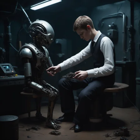 bbuk_style <lora:PureDarkness_RetroSciFi-000060:0.7> a boy with biomechanical limbs desperately trying to fix an old automaton in the basement, darkness