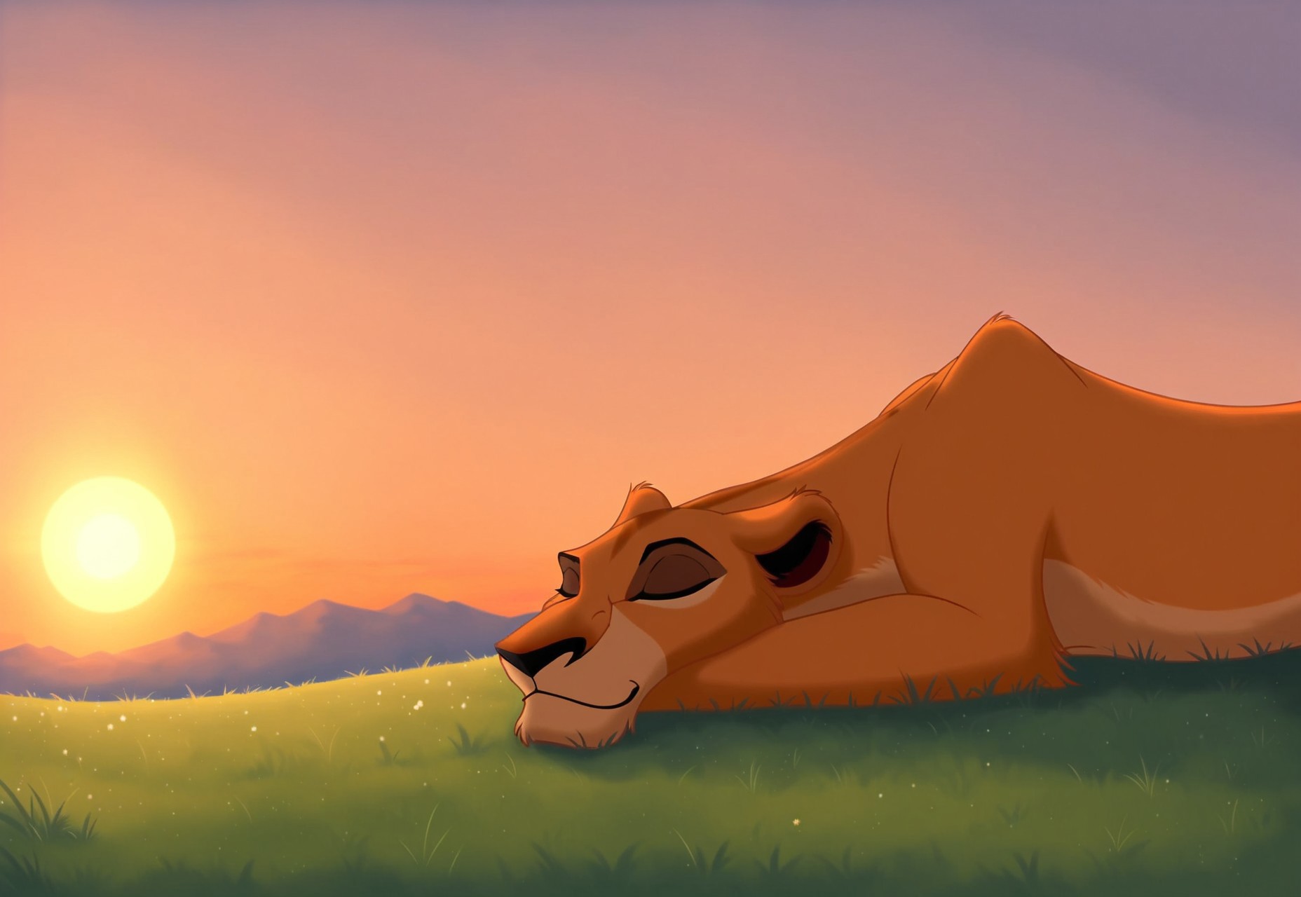 score_9, score_8_up, score_7_up, Expressiveh, masterpiece, best quality, highly detailed, realistic, (zPDXL3), 1girl, solo, (ZiraTKL, furry, feral, feline, pantherine, orange body, orange fur, black nose, tail), (sunset, sun, orange sky, dutch angle, detailed background, side view), lying, sleeping, eyes closed