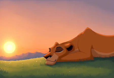score_9, score_8_up, score_7_up, Expressiveh, masterpiece, best quality, highly detailed, realistic, (zPDXL3), 1girl, solo, (ZiraTKL, furry, feral, feline, pantherine, orange body, orange fur, black nose, tail), (sunset, sun, orange sky, dutch angle, detailed background, side view), lying, sleeping, eyes closed
