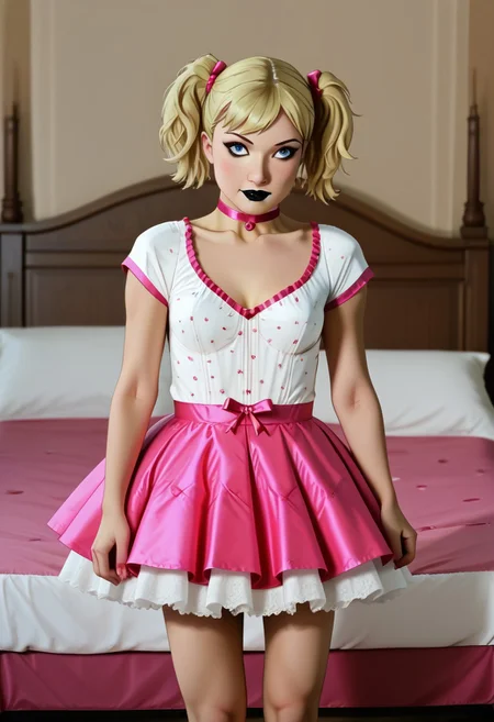 masterpiece, best quality, amazing quality, very aesthetic, high resolution, ultra-detailed, absurdres, 1girl, Harleybtas,1girl,solo,twintails,short hair, blonde hair, blue eyes, choker, black lips, medium breasts, Vendetta Outfit, bed, bedroom,