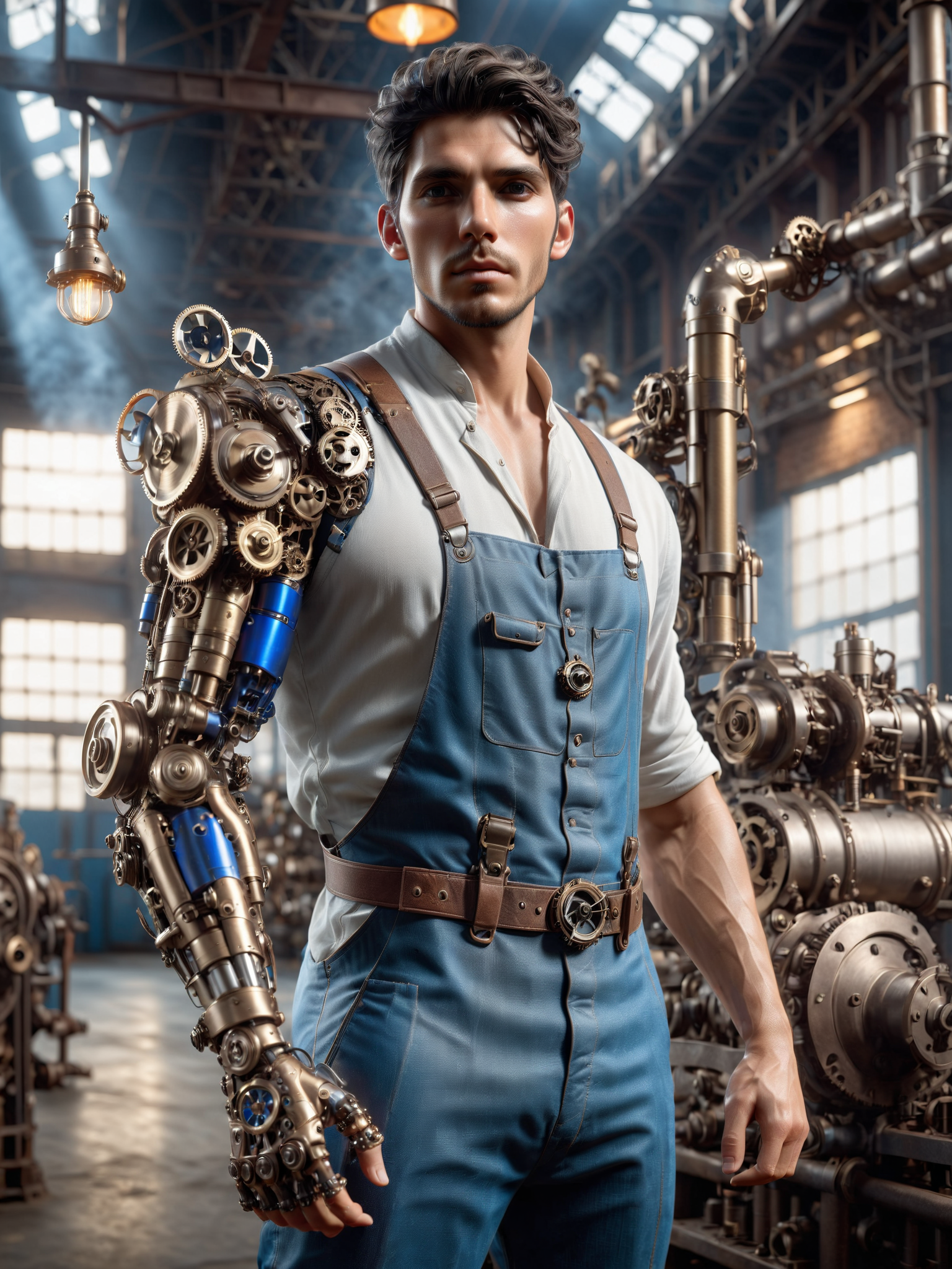 man wearing a ahirt and blue overall and mad-mecharm arm operation heavy machinery, steampunk clothing, steam, grease, busy factory, cinematic shot, dramatic lighting, masterpiece, best quality, ultra high res, (photorealistic, realistic:1.2), deep shadow, raw photo, film grain, Fujifilm XT3, 8k uhd, dslr)