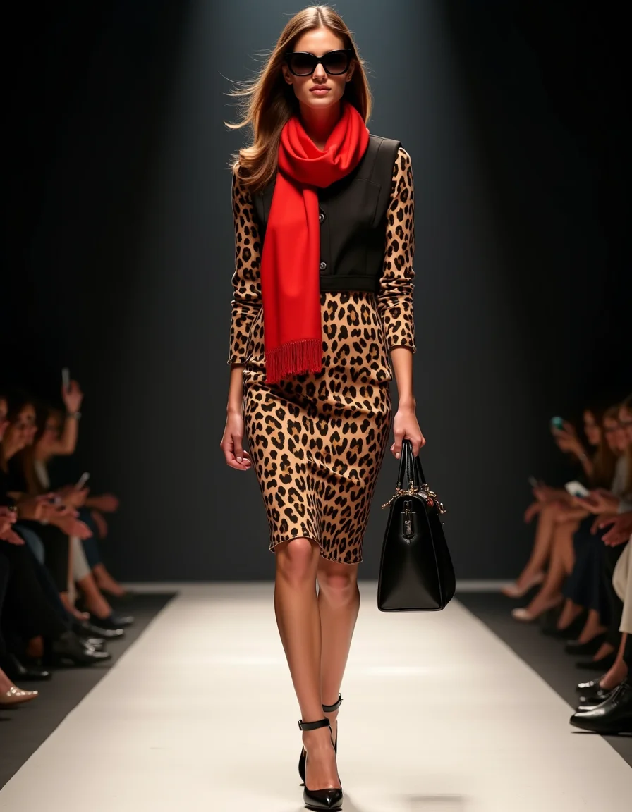 fashion catwalk, lighting, photo,
Women wearing cheetah print business skirt, sunglasses, red neck scarf, black leather purse in hand