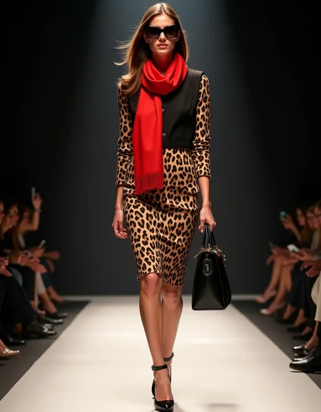 fashion catwalk, lighting, photo,
Women wearing cheetah print business skirt, sunglasses, red neck scarf, black leather purse in hand