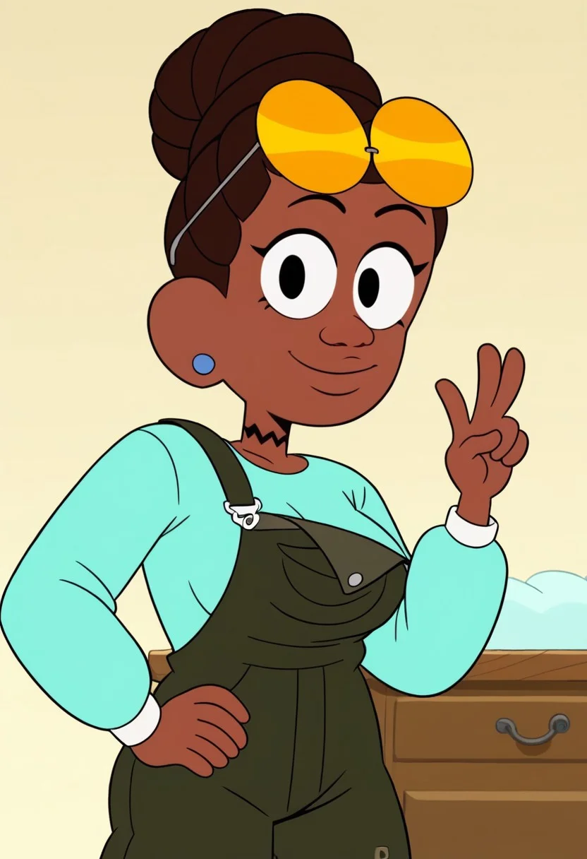 ((bedroom background)),score_9, score_8_up, score_7_up,score_6_up,
1girl, Solo, JasmineW_Cotc, brown skin, black eyes, dark brown hair, hairstyle in a high bun, yellow sunglasses on head, small blue earrings, black choker, long sleeve aquamarine shirt, nori seaweed green overalls, white sneakers with yellow details, big eyes, tall stature, social smile, sexy face, close-up, cowboyshot, perfect eyes, perfect smile, looking at the viewer, big breasts, detailed eyes, perfect eyes, very close-up, cute, standing, head on, hand on sunglasess, hand on hips, low-angle view:1.3, front view