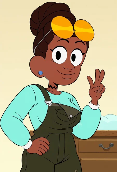 ((bedroom background)),score_9, score_8_up, score_7_up,score_6_up,
1girl, Solo, JasmineW_Cotc, brown skin, black eyes, dark brown hair, hairstyle in a high bun, yellow sunglasses on head, small blue earrings, black choker, long sleeve aquamarine shirt, nori seaweed green overalls, white sneakers with yellow details, big eyes, tall stature, social smile, sexy face, close-up, cowboyshot, perfect eyes, perfect smile, looking at the viewer, big breasts, detailed eyes, perfect eyes, very close-up, cute, standing, head on, hand on sunglasess, hand on hips, low-angle view:1.3, front view