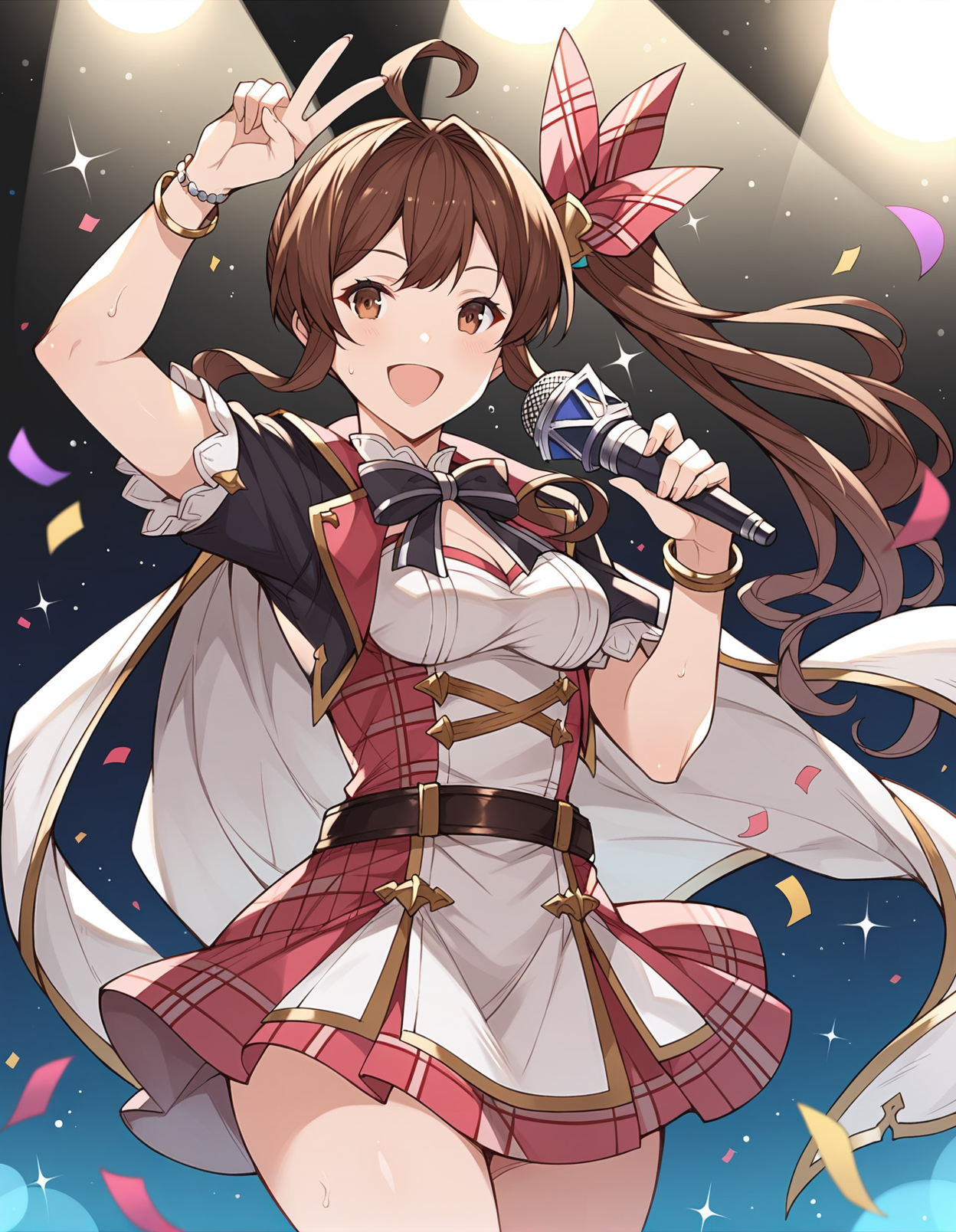 score_9, score_8_up, score_7_up, source_anime, rating_safe, BREAK <lora:gbfDianthaXL_LoRA-C3Lier_AdamW_Dim8_Alpha8_UN-3e-4_TE-1.5e-4_10batch_ponyDiffusionV6XL_v6StartWithThisOne:1>, diantha \(granblue fantasy\), 1girl, solo, side ponytail, brown hair, ahoge, long hair, brown eyes, medium breasts, hair ornament, jewelry, white cape, jacket on shoulders, black jacket, cropped jacket, open jacket, short sleeves, bowtie, black bow, two-tone dress, plaid, frills, black belt, bracelet, arm up, v, holding microphone, singing, smile, happy, sweat, dutch angle, confetti, sparkle, light particles, light rays, amplifier, stage, stage lights, spotlight