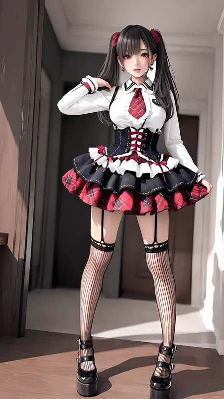 amazing quality,absurdres,best quality,masterpiece,highres,newest,detailed,detailed body,detailed face,masterpiece,best quality,solo,
meishilamei,1girl,solo,thighhighs,platform footwear,twintails,goth fashion,skirt,plaid,garter straps,jewelry,necktie,fishnets,fishnet thighhighs,striped clothes, corset, realistic,3d,mature female,<lora:ç¾å¼è¾£å¦¹å
¬ä¸»è£:0.8>,