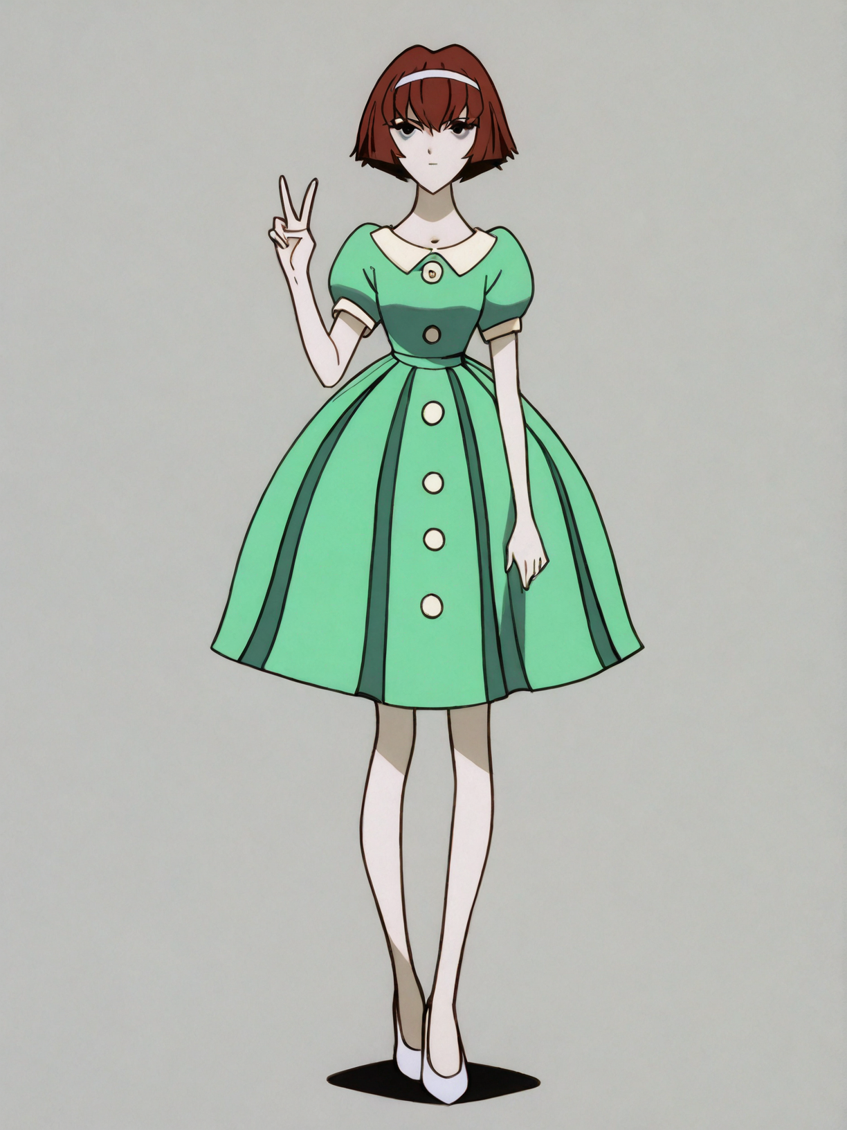 source_anime, score_9, score_8_up, score_7_up, anime screencap, 8k, absurd res, <lora:BigO_PDXLv1 Dorothy-000060:0.8> 1girl, solo, dorothy_greendress_(the_big_o), short hair, buttons, green dress, white hairband, black eyes, pale skin, simple background, v:1.3, full body, white footwear,