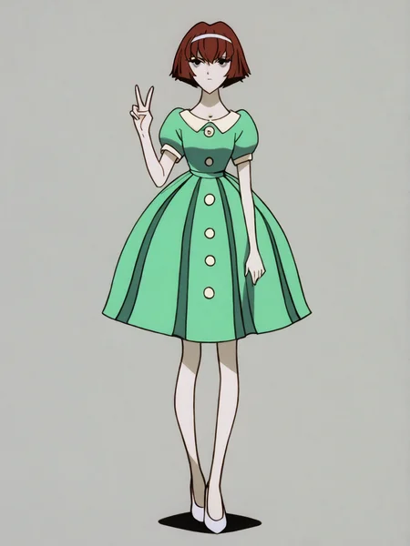 source_anime, score_9, score_8_up, score_7_up, anime screencap, 8k, absurd res, <lora:BigO_PDXLv1 Dorothy-000060:0.8> 1girl, solo, dorothy_greendress_(the_big_o), short hair, buttons, green dress, white hairband, black eyes, pale skin, simple background, v:1.3, full body, white footwear,