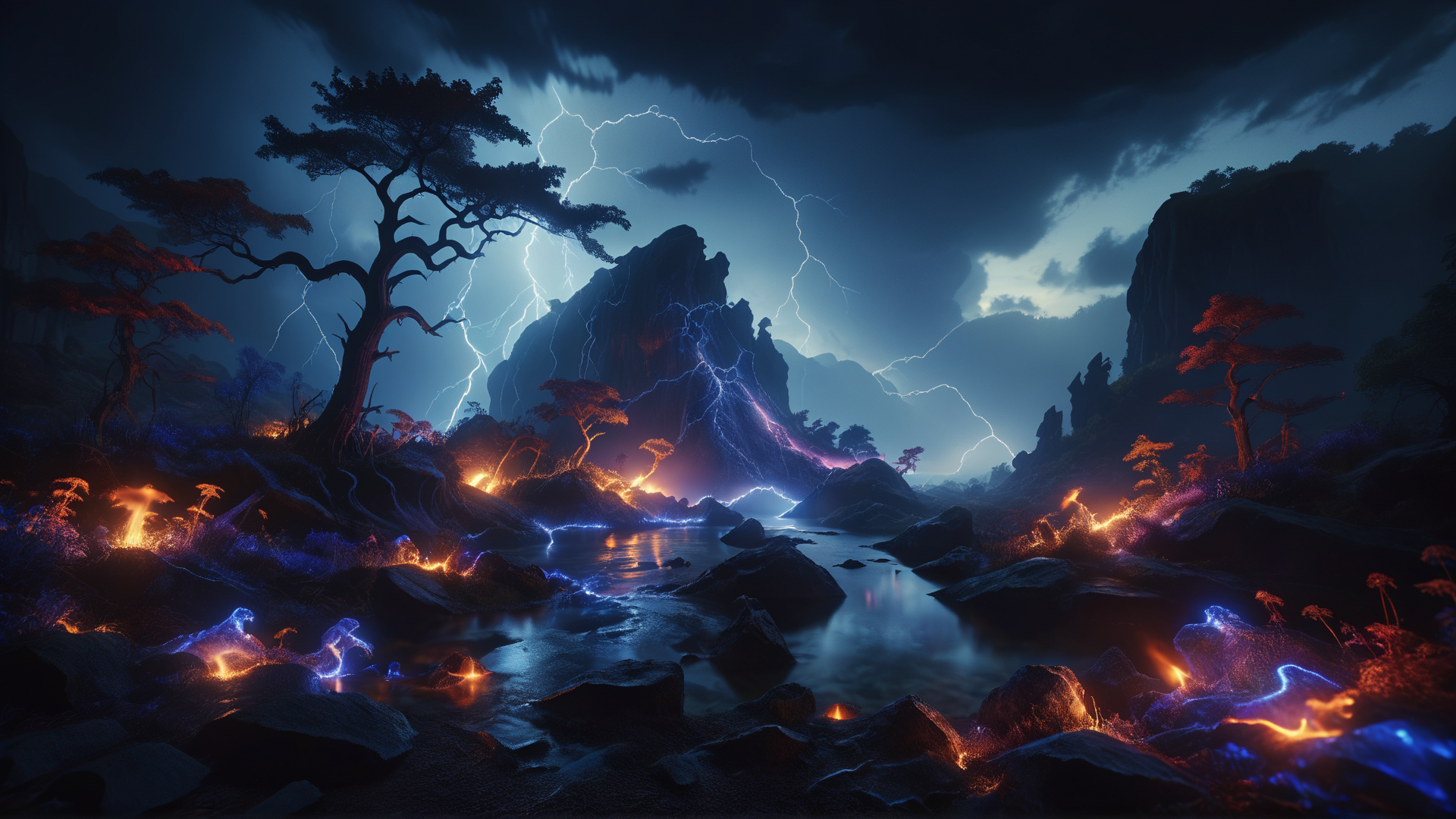 landscape of a (Hammerfell:1.1) , Lazuli fauna, Thunderstorm, Fashwave, spotlight, F/5, Polychromatic, nature-inspired, <lora:ral-exposure:1> made with ral-exposure, rich deep colors, surreal, magical, lush, ambient atmosphere