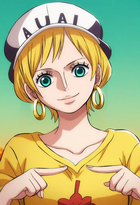 masterpiece, best quality, intricate details, looking at viewer, , 1girl, aqua eyes, baseball cap, blonde hair, closed mouth, earrings, green background, hat, hoop earrings, jewelry, looking at viewer, shirt, short hair, simple background, solo, upper body, yellow shirt, solo, autumn shrine, maple trees, stone lanterns, leaf-covered path, offering pose, respectful expression, sunset, <lora:one_piece_wano_style_ilxl:0.86>, one_piece_wano_style,