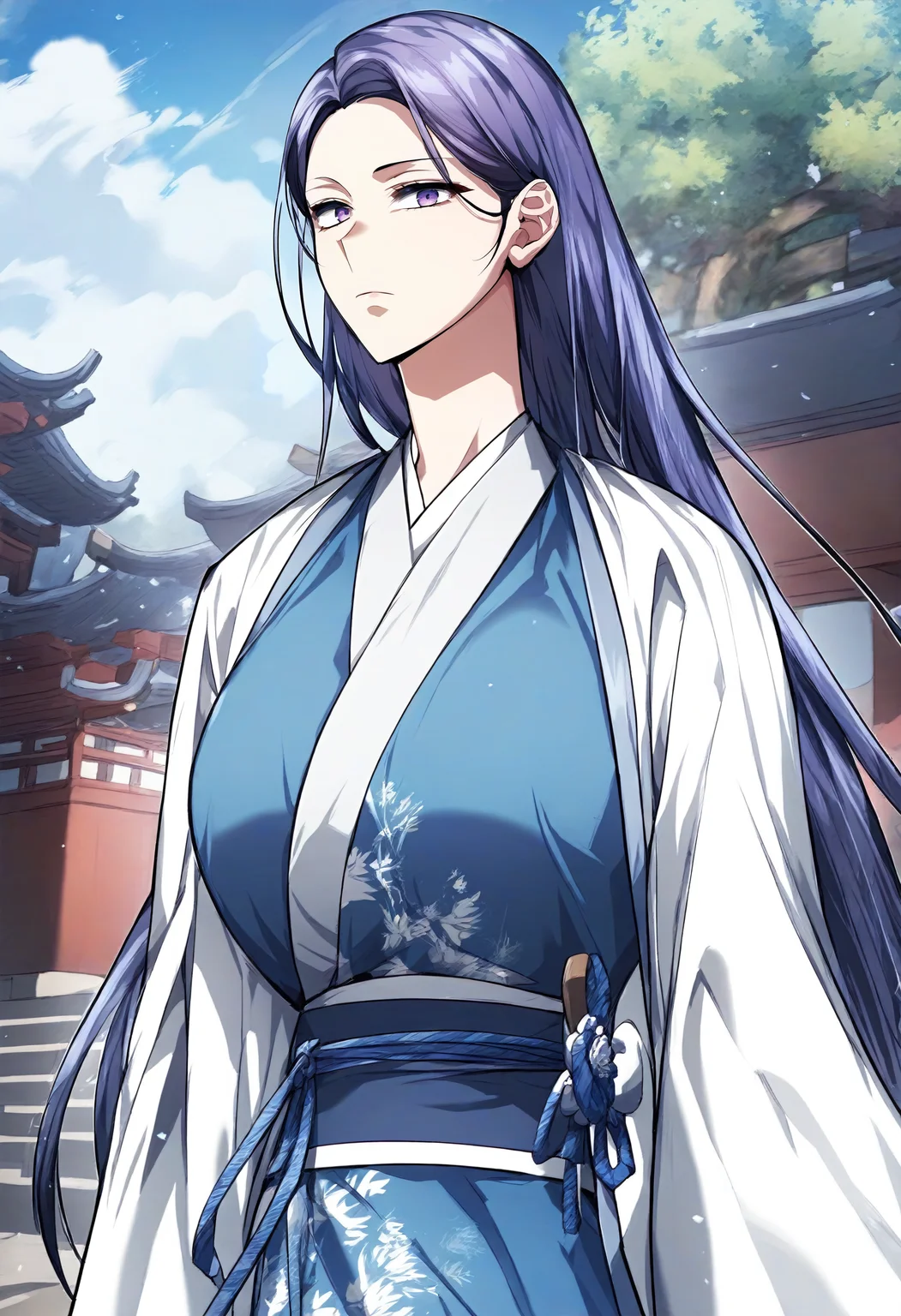 score_9, score_8_up, score_7_up, score_6_up, source_anime, rating_explicit, 1girl, (solo:1.1), huge breasts, <lora:Jin Liyeon prefectPonyxl:1> long hair, black hair, purple eyes, blue hair, purple hair, japanese clothes, white robe, blue kimono, sash, long sleeves, wide sleeves, expressionless, east asian architecture, outdoors, looking at viewer, standing