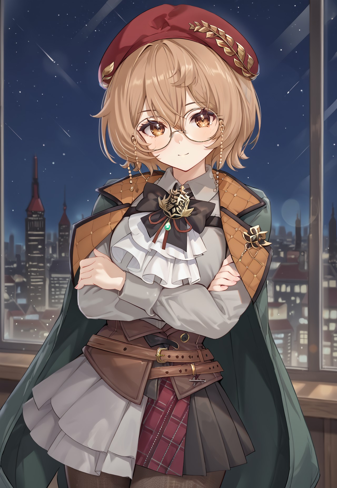 ClioAitePC, grey shirt, short hair, long sleeves, glasses, bags, beret, red headwear, round eyewear, brown eyes, red skirt, brown hair, brown pantyhose, black bow, jacket, corset, brooch, cape, collared shirt, ascot, belt, plaid, black skirt, puffy sleeves, pleated skirt, hair between eyes, vest, jacket on shoulders, white overskirt, 

looking at viewer, head tilt, crossed arms,
 
window, city, cityscape, dark, night, night sky,

1girl, solo, solo focus, highres, absurdres, light particles, shade, lens flare, shiny skin, fine fabric emphasis,