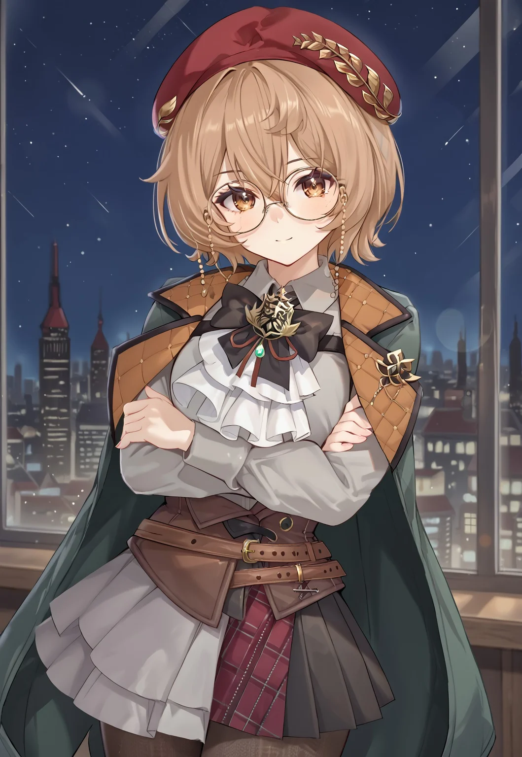 ClioAitePC, grey shirt, short hair, long sleeves, glasses, bags, beret, red headwear, round eyewear, brown eyes, red skirt, brown hair, brown pantyhose, black bow, jacket, corset, brooch, cape, collared shirt, ascot, belt, plaid, black skirt, puffy sleeves, pleated skirt, hair between eyes, vest, jacket on shoulders, white overskirt,
looking at viewer, head tilt, crossed arms,
window, city, cityscape, dark, night, night sky,
1girl, solo, solo focus, highres, absurdres, light particles, shade, lens flare, shiny skin, fine fabric emphasis,