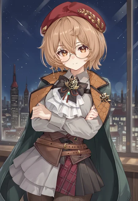 ClioAitePC, grey shirt, short hair, long sleeves, glasses, bags, beret, red headwear, round eyewear, brown eyes, red skirt, brown hair, brown pantyhose, black bow, jacket, corset, brooch, cape, collared shirt, ascot, belt, plaid, black skirt, puffy sleeves, pleated skirt, hair between eyes, vest, jacket on shoulders, white overskirt,
looking at viewer, head tilt, crossed arms,
window, city, cityscape, dark, night, night sky,
1girl, solo, solo focus, highres, absurdres, light particles, shade, lens flare, shiny skin, fine fabric emphasis,