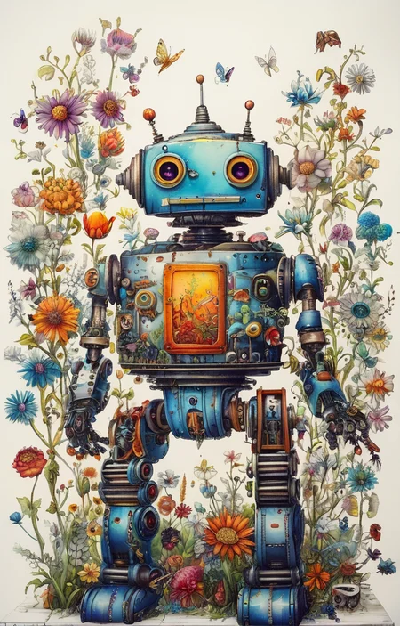 masterpiece,best quality,<lora:tbh237-sdxl:0.8>,illustration,style of  Johanna Basford portrait of Housework robots