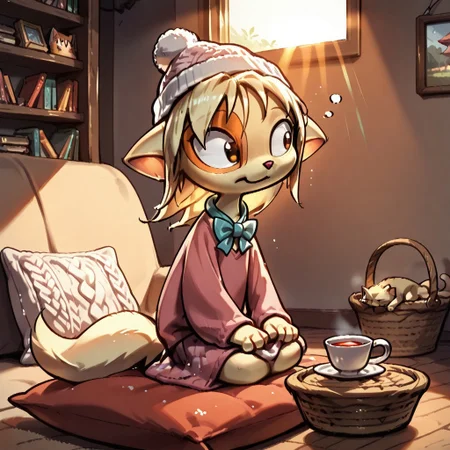 Dreamkeepers,1girl,Paige,solo,furry,tail,source_furry,blonde hair,
child, kid,
Dressing a Cat in a Tiny Hat,
cat, knitted_hat, bowtie, cushion, living_room, sunlight, yarn, basket, slippers, teacup, bookshelf, ribbon ,
a cozy living room bathed in warm sunlight. You gently place a tiny knitted hat on your cat’s head, its ears twitching under the yarn. A bowtie hangs loosely around its neck as it sits on a cushion, blinking at you with mild confusion. Slippers shuffle nearby, a teacup steams on the bookshelf, and the cat’s regal, slightly puzzled look is pure cuteness
