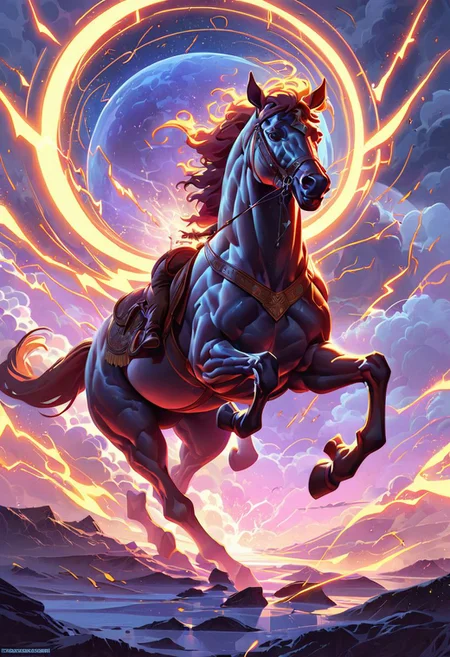 Realistic painting of a large horse galloping powerfully across a vast steppe, with dynamic ray tracing capturing the sunlight filtering through an expansive sky, by artists inspired by the detail and lifelikeness of George Stubbs and the dynamic compositions of Frederic Remington, cinematic composition, trending on ArtStation
BadDream, anzhcdreamwave, aesthetic, glowneon, glowing, sparks, lightning