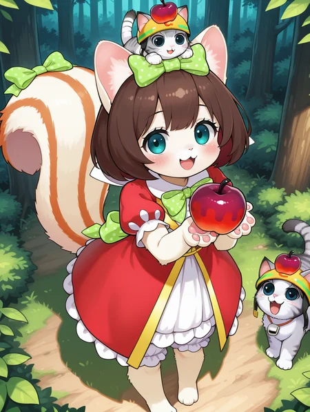 fairy tail - snow,1girl,1other,from above,apple on head,rescue cat,forest,open mouth,red frilled dress,simple background,squirrel girl,smile,green polka dot bow,blush,full body,standing,solo,:3,white bloomers,tail ornament,official alternate costume,barefoot,animal hands,animal nose,animal feet,body fur,looking at viewer,
masterpiece,best quality,amazing quality,very aesthetic,absurdres,newest,<lora:Fairy Tail snow illuXL v1.1:0.77>,