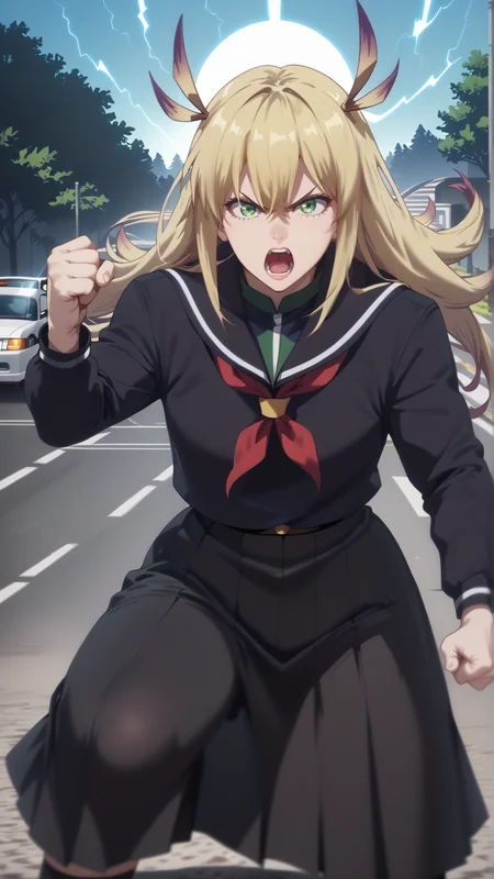 sjsartstyle, 2d, (zPDXL2), cowboy shot, dynamic shot, dynamic angle, webtoon, anime, centered, masterpiece, 1girl, 1woman, solo, fighting stance, angry, open mouth, Kanon, long hair, blonde hair, hair between eyes, black school uniform, black clothes, green eyes, long skirt, (black skirt), cars, dark lighting, ((outdoors, parking lot)), <lora:sd_xl_dpo_lora_v1:1>, <lora:OMG-Is-DucHaiten_v1.0:0.1>, <lora:sjsartstyle pony:1>, <lora:GoGoLoserRanger:0.8>