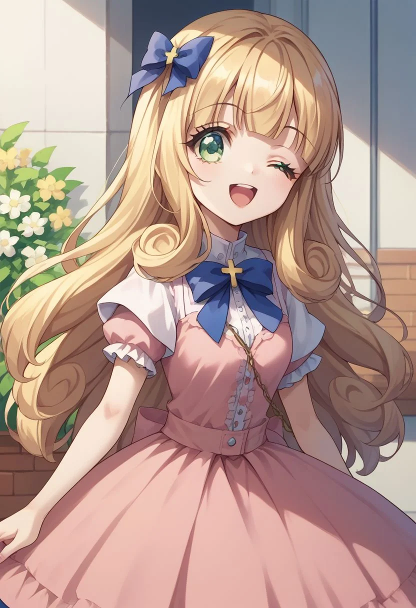 score_9, score_8_up, score_7_up, source_anime, highly detailed, 1girl, solo, cute,
poporon, 1girl, one eye closed, solo, blonde hair, long hair, dress, pink dress, green eyes, bow, open mouth, wink, ribbon, ribbon on hair, blue ribbon,